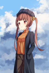 Rule 34 | 1girl, absurdres, azur lane, bad id, bad pixiv id, beret, black hat, black jacket, blue sky, blush, breasts, brown hair, brown pants, closed mouth, cloud, cloudy sky, commentary request, day, hairpods, hand in pocket, hat, highres, jacket, long hair, long sleeves, looking away, okappa (bobbed001), open clothes, open jacket, orange shirt, outdoors, pants, ping hai (azur lane), red eyes, shirt, sky, small breasts, smile, solo, twintails