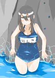 Rule 34 | 1girl, absurdres, black hair, blush, breasts, character name, cleavage, cocoa fuumi, hair between eyes, highres, jitome, large breasts, looking at viewer, original, rinko-san (cocoa fuumi), rock, sanpaku, school swimsuit, solo, summer, swimsuit, water