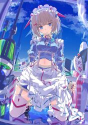 Rule 34 | 1girl, blue eyes, blue sky, breasts, character request, cityscape, copyright request, crop top, expressionless, garter straps, grey hair, hair ornament, highres, jersey maid, kneeling, maid, maid headdress, navel, official art, ogipote, science fiction, second-party source, short hair, sky, small breasts, solo, thighhighs, unconventional maid, x hair ornament