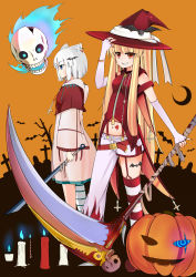 Rule 34 | 2girls, absurdres, animal ears, artist request, blonde hair, blue eyes, candle, grin, halloween, hat, heart, highres, jack-o&#039;-lantern, midriff, multiple girls, navel, original, red eyes, scythe, skull, smile, @ @, weapon, white hair, witch, witch hat