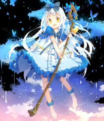 Rule 34 | 1girl, :d, bell, blue dress, blue hair, blue rose, bow, brown eyes, bug, butterfly, capelet, dress, flower, fred04142, hair bow, highres, holding, bug, long hair, long sleeves, looking at viewer, open mouth, original, ribbon, rose, silver hair, smile, solo, staff, very long hair, yellow eyes