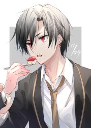 Rule 34 | 1boy, 1other, black hair, black jacket, brown necktie, collared shirt, dated, earrings, food, fork, fruit, gakuen alice, grey background, hair between eyes, holding, holding another&#039;s wrist, holding fork, hyuuga natsume, jacket, jewelry, long sleeves, male focus, necktie, open clothes, open jacket, open mouth, ouri (aya pine), out of frame, parted bangs, red eyes, shirt, solo focus, strawberry, sweat, two-tone background, white background, white shirt