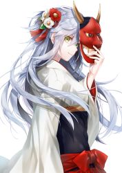 Rule 34 | 1girl, abs, bow, breasts, commentary request, eyes visible through hair, flower, from side, green eyes, hair between eyes, hair flower, hair ornament, hand up, heterochromia, holding, holding mask, horns, japanese clothes, long hair, long sleeves, looking at viewer, mask, messy hair, obi, oni mask, original, red bow, red flower, sash, setsubun, sidelocks, silver hair, simple background, skin tight, small breasts, smile, solo, tassel, upper body, waka (shark waka), white background, white flower, wide sleeves, yellow eyes