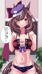Rule 34 | absurdres, alternate costume, animal ears, beret, breasts, brown hair, cleavage, commentary request, ears through headwear, hair ornament, hair ribbon, hairclip, hat, highres, horse ears, horse girl, horse tail, matikane tannhauser (umamusume), medium breasts, medium hair, navel, purple hat, ribbon, shinonome halltro, smile, swimsuit, tail, tail wagging, torn clothes, translation request, umamusume, yellow eyes