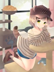 Rule 34 | 1girl, absurdres, animal ears, ankle socks, blue shorts, brown footwear, brown hat, brown shirt, cat, cat ears, cat tail, cat tower, collarbone, commentary, curtains, day, ears through headwear, elbow rest, green eyes, hat, head in hand, head rest, highres, indoors, kanpa (campagne 9), kneeling, light brown hair, long shirt, looking at viewer, off-shoulder shirt, off shoulder, original, shirt, shoes, shorts, sleeves past wrists, smile, sneakers, socks, solo, striped clothes, striped shirt, tail, thick eyebrows, white socks, window