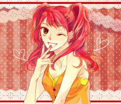 Rule 34 | 1girl, atlus, bad id, bad pixiv id, earrings, heart, humio (oriba), jewelry, kujikawa rise, one eye closed, open mouth, persona, persona 4, red hair, solo, twintails, wink, yellow eyes