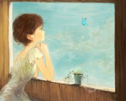 Rule 34 | 1girl, arm support, bad id, bad pixiv id, brain-m, brown hair, bug, butterfly, dress, insect, looking outside, nou (brain-m), original, own hands together, plant, potted plant, profile, short hair, sky, solo, window