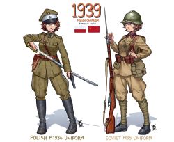 Rule 34 | 2girls, absurdres, backpack, bag, bayonet, belt pouch, black footwear, bolt action, boots, breast pocket, breasts, brown eyes, brown hair, collared jacket, cross-laced footwear, english text, green eyes, gun, handgun, hat, helmet, highres, holster, jacket, knee boots, lace-up boots, looking at another, medium breasts, military jacket, multiple girls, original, ostwindprojekt, pants, pants tucked in, pistol, pocket, poland, polish flag, pouch, red star, rifle, shadow, sheath, short hair, soviet, soviet army, star (symbol), sword, uniform, unsheathing, wavy mouth, weapon, white background, world war ii