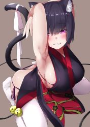 Rule 34 | 1girl, absurdres, animal ear fluff, animal ears, arm up, armpits, arms behind head, ass, azur lane, bell, bikini, bikini under clothes, black bikini, black hair, black kimono, blush, breasts, cat ears, cat tail, commentary request, cotton kanzaki, grey background, highres, japanese clothes, jingle bell, kimono, large breasts, looking at viewer, micro bikini, parted lips, purple eyes, ribbon, shiny skin, short hair, short kimono, side-tie bikini bottom, sideboob, simple background, sitting, smile, solo, swimsuit, tail, tail ornament, tail ribbon, teeth, thighhighs, white ribbon, white thighhighs, yamashiro (azur lane)