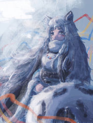 Rule 34 | 1girl, animal ears, arknights, black cloak, blush, braid, cloak, covered mouth, cowboy shot, dress, grey background, grey eyes, grey hair, highres, jewelry, leopard ears, leopard girl, leopard tail, long hair, long sleeves, looking at viewer, necklace, pramanix (arknights), side braids, simple background, solo, tail, tiara, turtleneck, turtleneck dress, watermiao, white dress, wide sleeves