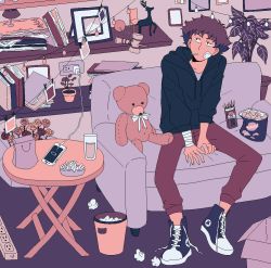 Rule 34 | 1boy, book, cellphone, chips (food), converse, cowboy bebop, food, hipster, indoors, phone, plant, pocky, potato chips, sitting, spike spiegel, stuffed animal, stuffed toy, tagme, teddy bear