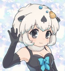 Rule 34 | 1girl, animal ears, bare shoulders, black eyes, black gloves, black hair, black one-piece swimsuit, blue bow, blue bowtie, blush, bow, bowtie, californian sea otter (kemono friends), elbow gloves, extra ears, fur collar, gloves, highres, kemono friends, kuromitsu (9633 kmfr), multicolored hair, one-piece swimsuit, otter ears, otter girl, shell hair ornament, short hair, sleeveless, solo, spade (shape), spaghetti strap, swimsuit, symbol-only commentary, two-tone hair, white fur