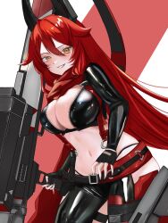 Rule 34 | 1girl, black gloves, blush, breasts, cattleya0208, chaps, cleavage, crop top, cropped jacket, fingerless gloves, gloves, goddess of victory: nikke, grin, hair between eyes, headgear, holding, holding weapon, horns, jacket, large breasts, leather, leather jacket, long hair, mechanical horns, midriff, navel, orange eyes, red hair, red hood (nikke), red jacket, red scarf, scarf, smile, solo, unzipped, very long hair, weapon, zipper