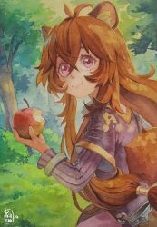 Rule 34 | 1girl, aged down, animal ear fluff, animal ears, apple, artist name, bitten apple, brown hair, child, closed mouth, commentary, cowlick, day, dress, eating, food, food bite, forest, fruit, grass, hair between eyes, highres, holding, holding food, holding fruit, knife sheath, long hair, long sleeves, looking at viewer, nature, outdoors, painting (medium), philiera, raccoon ears, raccoon girl, raccoon tail, raphtalia, red eyes, scan, sheath, short dress, sidelocks, signature, skirt, smile, solo, tail, tate no yuusha no nariagari, traditional media, tree, watercolor (medium)