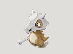 Rule 34 | bone, bright pupils, brown eyes, commentary request, creatures (company), cubone, full body, game freak, gen 1 pokemon, grey background, holding, holding bone, nintendo, no humans, pokemon, pokemon (creature), skull, solo, standing, suzuki (pixiv 9092094), white pupils