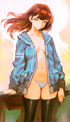 Rule 34 | 1girl, black thighhighs, breasts, brown hair, expressionless, floating hair, jacket, long hair, looking at viewer, navel, open clothes, open jacket, original, panties, purple eyes, small breasts, solo, thighhighs, underwear, white panties, wind, yugen99