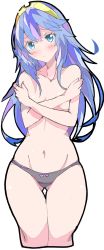 Rule 34 | 1girl, absurdres, black panties, blue eyes, blue hair, blush, breasts, collarbone, commentary request, covering privates, covering breasts, cropped legs, enpe, fire emblem, fire emblem awakening, head tilt, highres, long hair, looking at viewer, lucina (fire emblem), navel, nintendo, panties, simple background, small breasts, solo, stomach, sweat, thigh gap, thighs, tiara, topless, underwear, underwear only, white background, wide hips