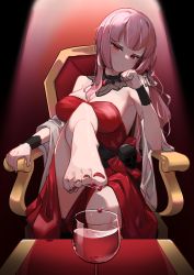 Rule 34 | 1girl, absurdres, alcohol, armchair, barefoot, breasts, chair, cleavage, cup, dress, drinking glass, feet, foot up, highres, hololive, hololive english, long hair, looking at viewer, mori calliope, nail polish, pink hair, pompmaker1, red eyes, sitting, toenail polish, toenails, toes, virtual youtuber, wine, wine glass