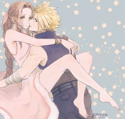 Rule 34 | 1boy, 1girl, absurdres, aerith gainsborough, ancotsubu, arms around another&#039;s neck, bandages, bare arms, bare legs, bare shoulders, barefoot, belt, blonde hair, blue eyes, blue pants, blue shirt, bracelet, braid, brown hair, cloud strife, couple, dress, earrings, final fantasy, final fantasy vii, final fantasy vii remake, floral background, green eyes, hetero, highres, jewelry, long dress, long hair, pants, pink dress, pocket, shirt, spiked hair, square enix, uniform, wavy hair