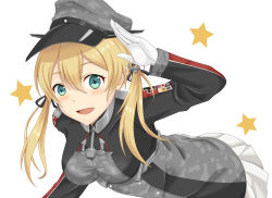 Rule 34 | 10s, 1girl, :d, anchor, anchor hair ornament, blonde hair, blue eyes, blush, camouflage, camouflage headwear, cross, esuto, female focus, gloves, hair ornament, hand up, hat, iron cross, kantai collection, leaning forward, looking at viewer, military, military hat, military uniform, open mouth, peaked cap, pleated skirt, prinz eugen (kancolle), skirt, smile, solo, star (symbol), twintails, uniform, upper body, white background, white gloves, white skirt