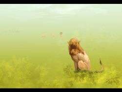 Rule 34 | animal, commentary request, facing away, full body, grasslands, green background, letterboxed, lion, metamon1996, no humans, original, outdoors, savannah, sitting, solo focus