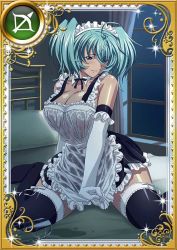 Rule 34 | 00s, 1girl, alternate costume, apron, artist request, black thighhighs, card (medium), elbow gloves, gloves, green eyes, green hair, ikkitousen, ikkitousen great guardians, maid, maid apron, maid headdress, official art, ryofu housen, solo, thighhighs, trading card, twintails