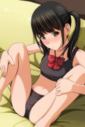 Rule 34 | 1girl, absurdres, ass, bare arms, bare legs, black bra, black hair, black panties, blush, bow, bow panties, bra, breasts, brown hair, hands on own legs, highres, looking at viewer, matsunaga kouyou, medium hair, navel, original, panties, parted lips, red neckwear, short twintails, sidelocks, sitting, small breasts, solo, spread legs, training bra, twintails, underwear, underwear only
