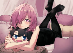 Rule 34 | 1girl, absurdres, amami tokko, black dress, black pantyhose, blush, character pillow, closed mouth, commentary request, dress, fate/grand order, fate (series), fujimaru ritsuka (male), hair over one eye, highres, light purple hair, lips, looking at viewer, lying, mash kyrielight, hugging object, on bed, one eye covered, pantyhose, pillow, pink lips, purple eyes, short hair, signature, smile, solo