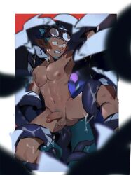 Rule 34 | 1boy, abs, arknights, blue hair, completely nude, dark-skinned male, dark skin, erection, ethan (arknights), facial hair, foreskin, goatee, goggles, goggles on head, male focus, monster, navel, nipples, nude, pectorals, penis, plant monster, pointy ears, seaborn (arknights), shorts, slime (substance), sweatdrop, tentacles, testicles, yaowu