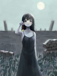 Rule 34 | 1girl, absurdres, bell, black dress, black eyes, black hair, closed mouth, day, dress, highres, holding, long hair, looking at viewer, okura lino, original, outdoors, ruins, scenery, sky, solo, sun
