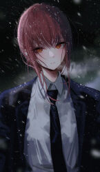 Rule 34 | 1girl, black necktie, black suit, blush, chainsaw man, expressionless, formal, highres, lapels, looking at viewer, makima (chainsaw man), mirei, necktie, red eyes, ringed eyes, shirt, sidelocks, snow, snowing, solo, suit, upper body, white shirt