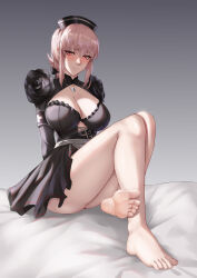 Rule 34 | 1girl, absurdres, arm strap, barefoot, black dress, black hat, blush, breasts, cleavage, closed mouth, dress, fate/grand order, fate (series), feet, florence nightingale (fate), florence nightingale (manor of repose) (fate), foot focus, freed turing, full body, grey background, hat, heart, heart necklace, highres, jewelry, large breasts, looking at viewer, medium hair, necklace, official alternate costume, pink hair, presenting foot, red eyes, sitting, smile, soles, solo, thighs, toes