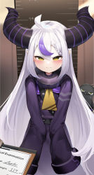 Rule 34 | 1girl, absurdres, ahoge, bird, black coat, blush, braid, coat, collar, commentary, crow, crow (la+ darknesss), demon horns, english commentary, examination, hair between eyes, height, height conscious, highres, hololive, holox, horns, la+ darknesss, long hair, long sleeves, looking at viewer, medical examination, metal collar, multicolored hair, pointy ears, purple hair, silver hair, sleeves past fingers, sleeves past wrists, solo focus, somray, streaked hair, striped horns, two-tone hair, virtual youtuber, yellow eyes