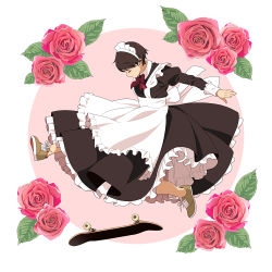 Rule 34 | 1girl, apron, bare legs, bowtie, brown hair, circle, commentary, dress, closed eyes, flower, frilled apron, frilled dress, frilled headband, frills, long sleeves, maid, maid apron, maid headdress, original, red bow, red bowtie, rose, shoes, short hair, skateboard, skateboarding, sleeve cuffs, sneakers, solo, suzushiro (suzushiro333), white background
