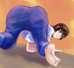 Rule 34 | 1girl, all fours, ass, barefoot, blush, brown hair, denim, feet, from behind, gradient background, green eyes, jeans, looking back, mature female, original, pants, short hair, smile, solo, toes, uwa~a