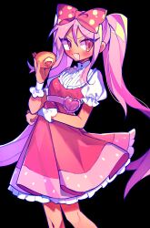 Rule 34 | 1girl, belt, black background, blush, bow, buttons, collared shirt, doughnut, dress, fang, food, frilled dress, frilled sleeves, frilled wrist cuffs, frills, hair between eyes, hair bow, highres, holding, holding food, long hair, omori, open mouth, pink belt, pink bow, pink dress, pink eyes, pink hair, pink trim, polka dot, polka dot bow, polka dot dress, puffy short sleeves, puffy sleeves, shirt, short sleeves, smile, stylishtrash, sweetheart (omori), tan, twintails, v-shaped eyebrows, white shirt, white wrist cuffs, wrist cuffs