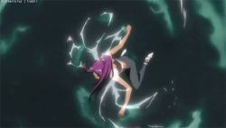 Rule 34 | 1girl, animated, animated gif, ass, bent over, bleach, bouncing breasts, breasts, clenched hand, dark-skinned female, dark skin, female focus, flying, leggings, light, long hair, lowres, night, ponytail, purple hair, shihouin yoruichi, sky, solo, spandex, storm, tan, thunder, vest