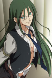 Rule 34 | 00s, 1girl, asougi rin, belt, breasts, cleavage, female pubic hair, glasses, green eyes, green hair, haruyama kazunori, large breasts, long hair, looking at viewer, matching hair/eyes, mnemosyne, necktie, no bra, no panties, office lady, open clothes, open shirt, pants, pubic hair, seductive smile, shirt, smile, solo, unzipped