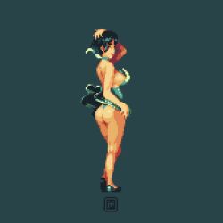 Rule 34 | 1girl, ass, breasts, from behind, full body, hand on own head, looking back, mykar, original, panties, pinup (style), pixel art, short hair, simple background, solo, underwear, wind