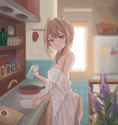 Rule 34 | 1girl, absurdres, animal ears, artist name, blue eyes, blurry, blurry background, bottle, bowl, breasts, brown hair, coffee bag, commentary, commission, flower, highres, indoors, long hair, looking at viewer, medium breasts, milk carton, original, oven mitts, refrigerator, see-through, senegalus c, standing, symbol-only commentary, tail