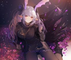 Rule 34 | 1girl, arknights, black dress, black pantyhose, boots, breasts, cape, dress, hair ornament, hand up, head wings, highres, jewelry, long hair, long sleeves, looking at viewer, manticore (arknights), manticore (invisible dirge) (arknights), medium breasts, muike, necklace, official alternate costume, pantyhose, paw print, petals, pointy ears, red eyes, short dress, silver hair, sitting, solo, tail, twintails, wings