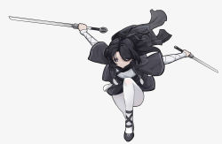 Rule 34 | 1girl, absurdres, bandaged arm, bandages, black footwear, black hair, black jacket, black scarf, black skirt, closed mouth, dual wielding, grey eyes, hair bun, hair over one eye, highres, holding, holding sword, holding weapon, jacket, leaning forward, long hair, open clothes, open jacket, original, pantyhose, parted bangs, scarf, shoes, short sleeves, single hair bun, skirt, solo, standing, sword, weapon, white pantyhose, white ph, wide sleeves