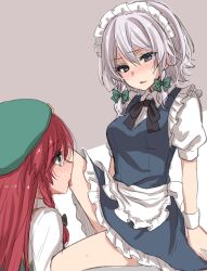 Rule 34 | 2girls, apron, arm support, asa (coco), beret, blue dress, blush, bow, braid, chinese clothes, collared shirt, dress, eyebrows, frills, green eyes, hair between eyes, hair bow, hat, hong meiling, izayoi sakuya, licking, long hair, looking at another, maid, maid apron, maid headdress, multiple girls, open mouth, puffy short sleeves, puffy sleeves, red hair, saliva, shirt, short dress, short hair, short sleeves, silver hair, sitting, star (symbol), sweatdrop, thighs, tongue, tongue out, touhou, twin braids, waist apron, wristband, yuri
