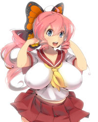 Rule 34 | 1girl, alternate costume, bad id, bad tumblr id, blue eyes, breasts, butterfly hair ornament, drill hair, drill ponytail, hair between eyes, hair ornament, huge breasts, impossible clothes, long hair, magister, open mouth, original, pink hair, revision, sakuraba himari (magister), school uniform, serafuku, simple background, skirt, smile, solo, white background