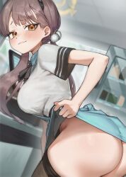 Rule 34 | 1girl, absurdres, angel&#039;s 24 uniform (blue archive), apopo, apron, ass, black pantyhose, blue apron, blue archive, blush, breasts, closed mouth, clothes pull, halo, highres, large breasts, light brown hair, long hair, moe (blue archive), no panties, pantyhose, pantyhose pull, polo shirt, shirt, short sleeves, solo, twintails, white shirt, yellow eyes, yellow halo
