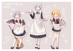 Rule 34 | 3girls, absurdres, alternate costume, ankle strap, apron, bat wings, black footwear, blonde hair, blue dress, blue eyes, blue hair, bow, bowtie, broom, cake, cake slice, commentary, contrapposto, cup, dress, duster, english commentary, english text, enmaided, flandre scarlet, food, fruit, full body, grey background, hand on own chin, heart, highres, holding, holding broom, holding duster, holding tray, izayoi sakuya, kneehighs, knees together feet apart, knife, laevatein, looking at viewer, maid, maid apron, maid headdress, mary janes, multiple girls, one side up, open mouth, pantyhose, red eyes, red neckwear, remilia scarlet, shoes, short dress, short hair, shortcake, smile, socks, standing, strawberry, teacup, teapot, thighhighs, touhou, tray, white legwear, wings, wrist cuffs, yaruwashi, zettai ryouiki