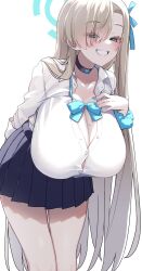 Rule 34 | 1girl, akitokage, asuna (blue archive), blue archive, blue eyes, breasts, cleavage, grin, hanging breasts, highres, huge breasts, leaning forward, light brown hair, long hair, looking at viewer, mole, mole on breast, school uniform, smile, solo, standing, very long hair