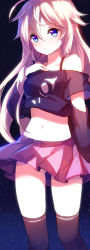 Rule 34 | 1girl, ahoge, bad id, bad pixiv id, black thighhighs, blue eyes, braid, choker, crop top, crop top overhang, gluteal fold, hand on own chest, ia (vocaloid), long hair, looking at viewer, midriff, navel, off shoulder, pleated skirt, see-through, skirt, solo, stella chen yui, thighhighs, very long hair, vocaloid, white hair