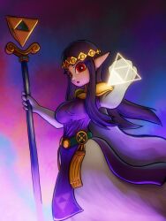 1girl armor belt black_hair breasts dress gloves green_belt headband holding holding_staff large_breasts long_hair looking_at_viewer nintendo open_mouth pointy_ears princess_hilda print_dress purple_dress red_eyes shoulder_armor soandnb staff standing the_legend_of_zelda the_legend_of_zelda:_a_link_between_worlds triforce triforce_print white_gloves