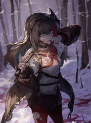 Rule 34 | 1girl, absurdres, animal ears, arknights, axe, bare tree, bear ears, blood, blue eyes, brown collar, brown hair, brown jacket, brown skirt, chinese commentary, collar, cowboy shot, forest, fur-trimmed hood, fur trim, hand up, highres, holding, holding axe, hood, jacket, looking at viewer, multicolored hair, nature, open clothes, open jacket, pantyhose, pleated skirt, qingfeng canying, red hair, red neckwear, red pantyhose, school uniform, shirt, skirt, snow, solo, streaked hair, torn clothes, torn pantyhose, torn shirt, torn skirt, tree, weapon behind back, white shirt, zima (arknights)